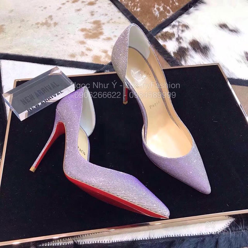 Giày cao gót Louboutin vải kim tuyến, màu bạc ánh tím