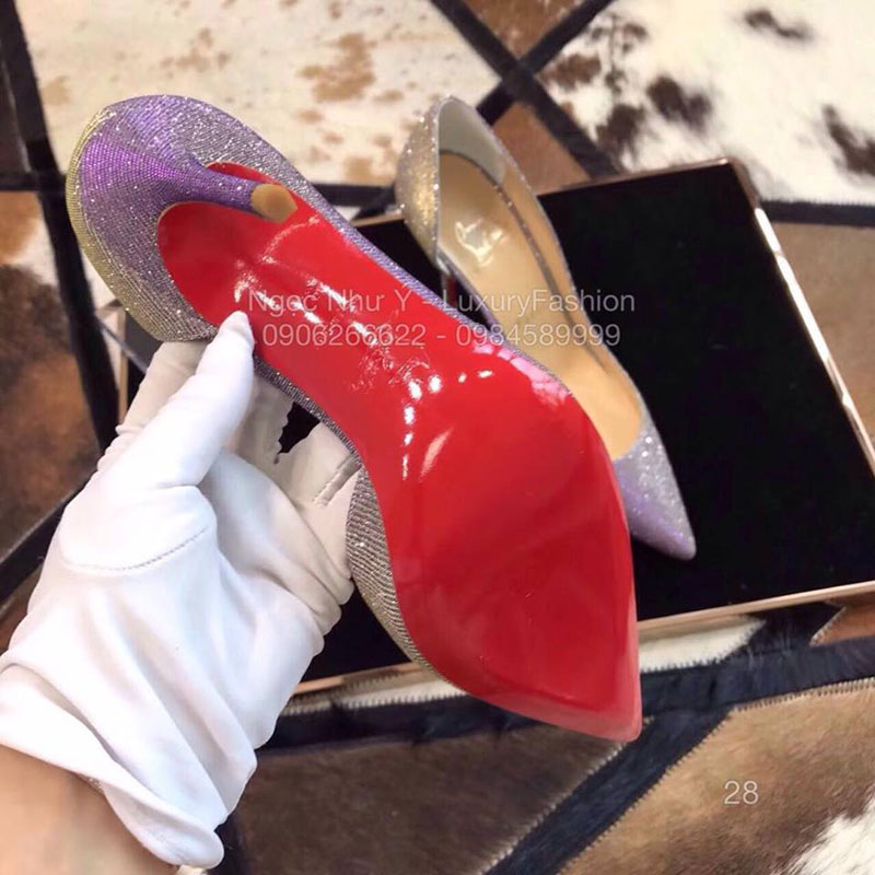 Giày cao gót Louboutin vải kim tuyến, màu bạc ánh tím