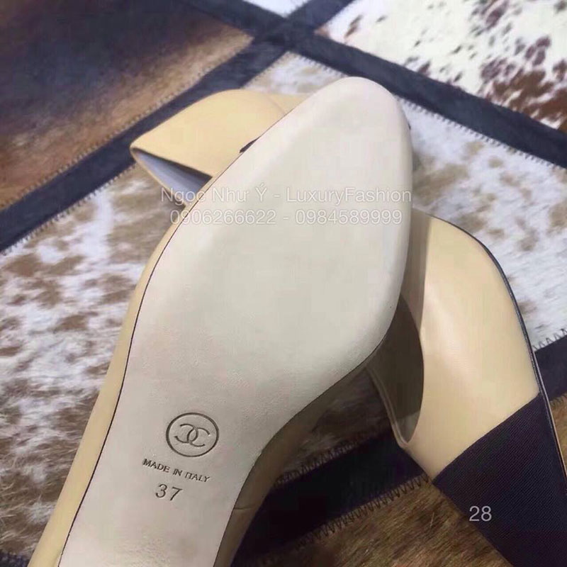 Sandal Chanel cao gót 5cm, màu sữa cao cấp