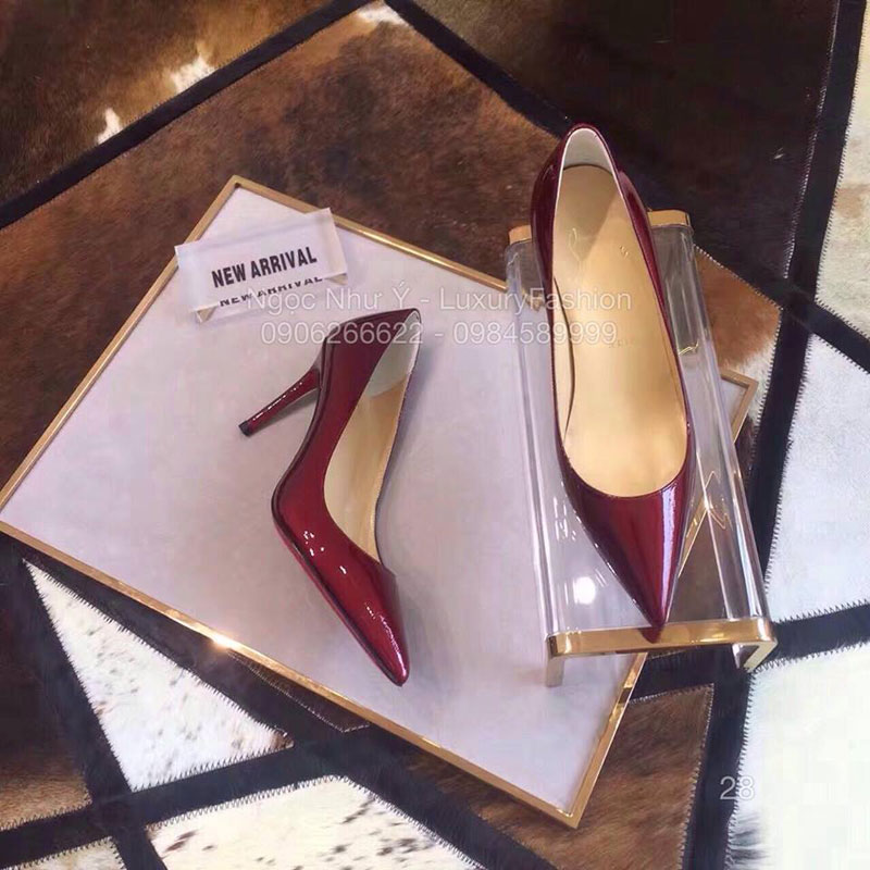 Sandal Louboutin cao gót da bóng màu mận chín
