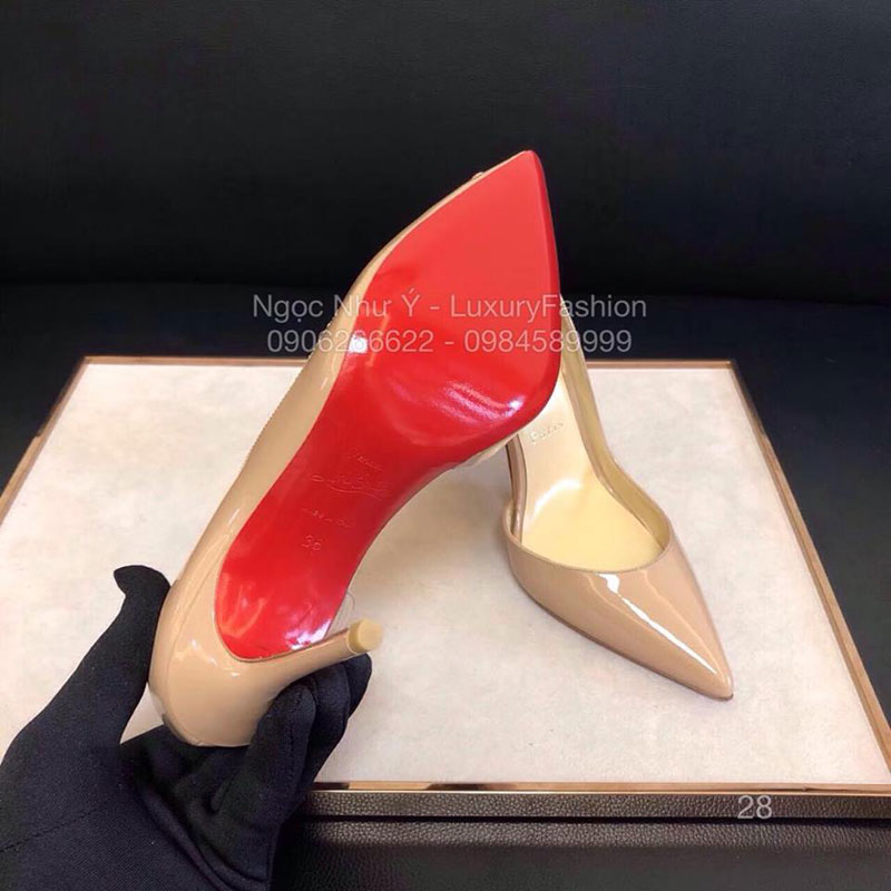Sandal Louboutin cao gót da bóng màu nude