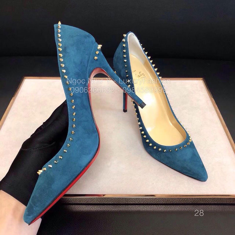 Sandal Louboutin cao gót da cừu lộn màu xanh nước biển