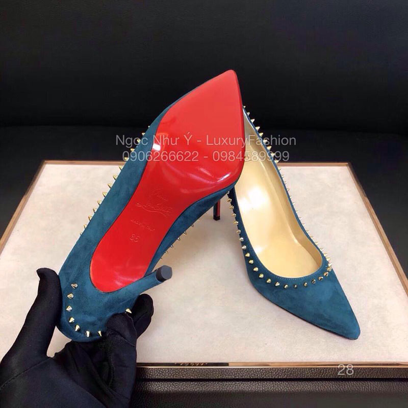 Sandal Louboutin cao gót da cừu lộn màu xanh nước biển