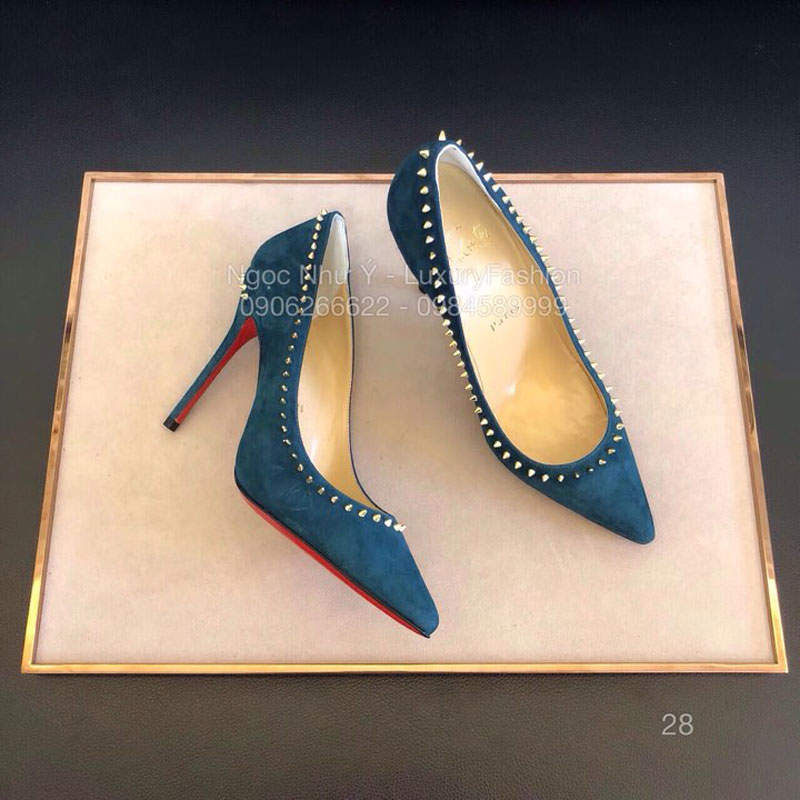 Sandal Louboutin cao gót da cừu lộn màu xanh nước biển
