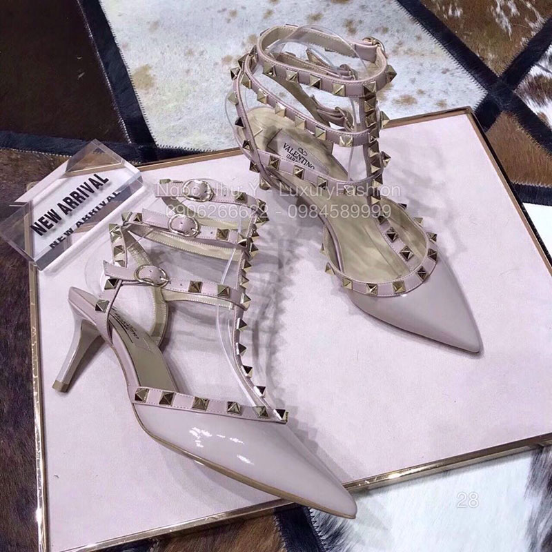 Sandal Valentino cao gót da bóng nâu sữa