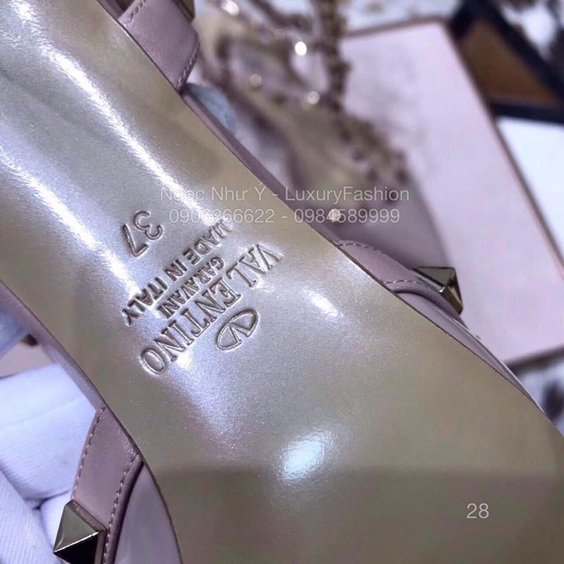 Sandal Valentino cao gót da bóng nâu sữa