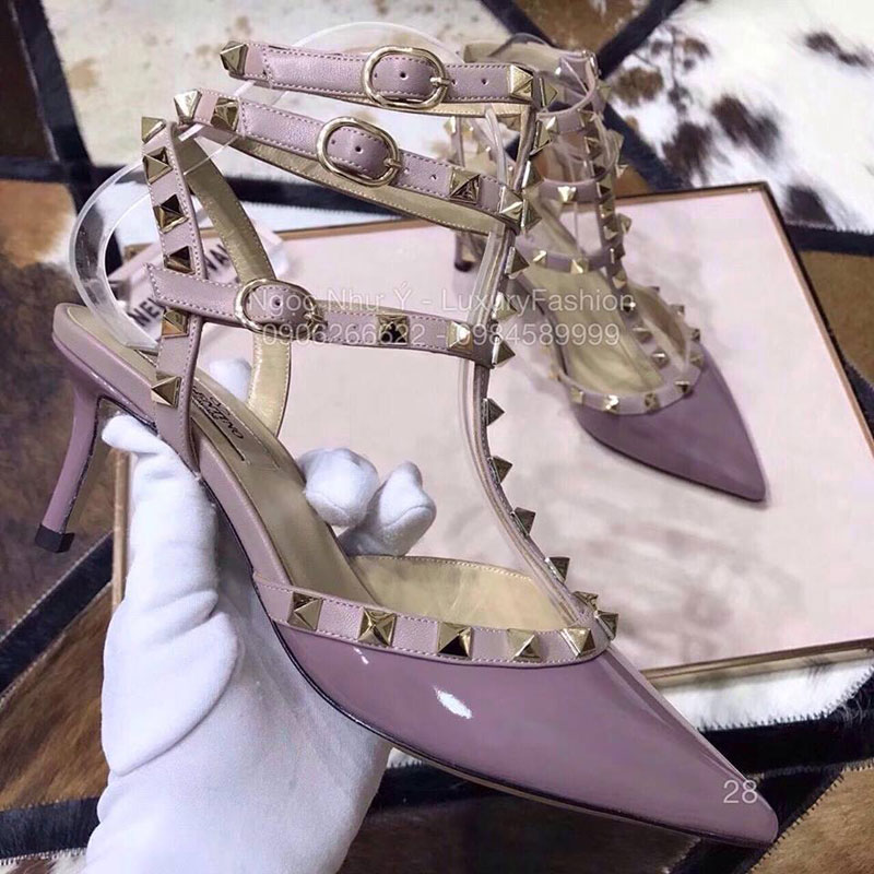 Sandal Valentino cao gót da bóng tím sữa