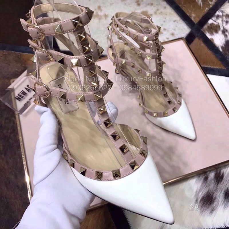 Sandal Valentino cao gót da bóng trắng
