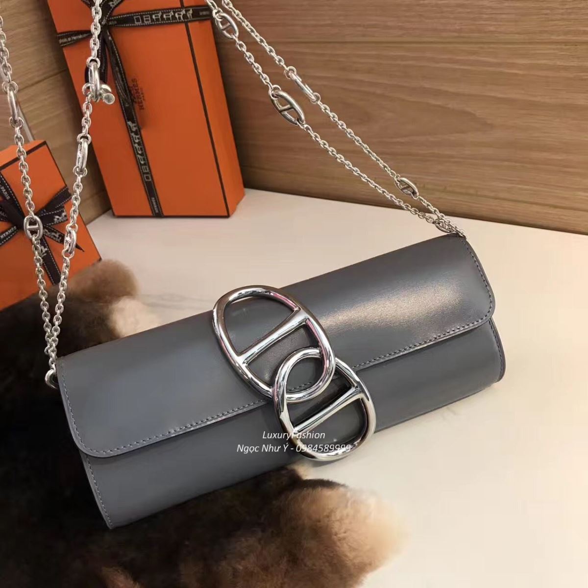 Ví Hermes Egee da Box màu ghi