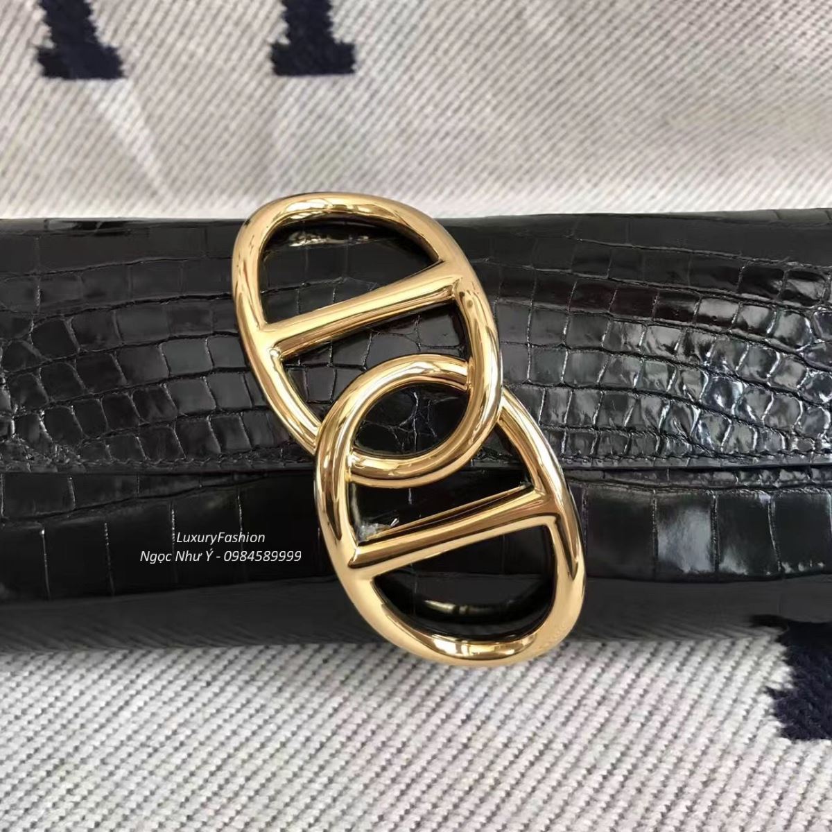 Ví Hermes Egee da cá sấu màu Black Gold Key