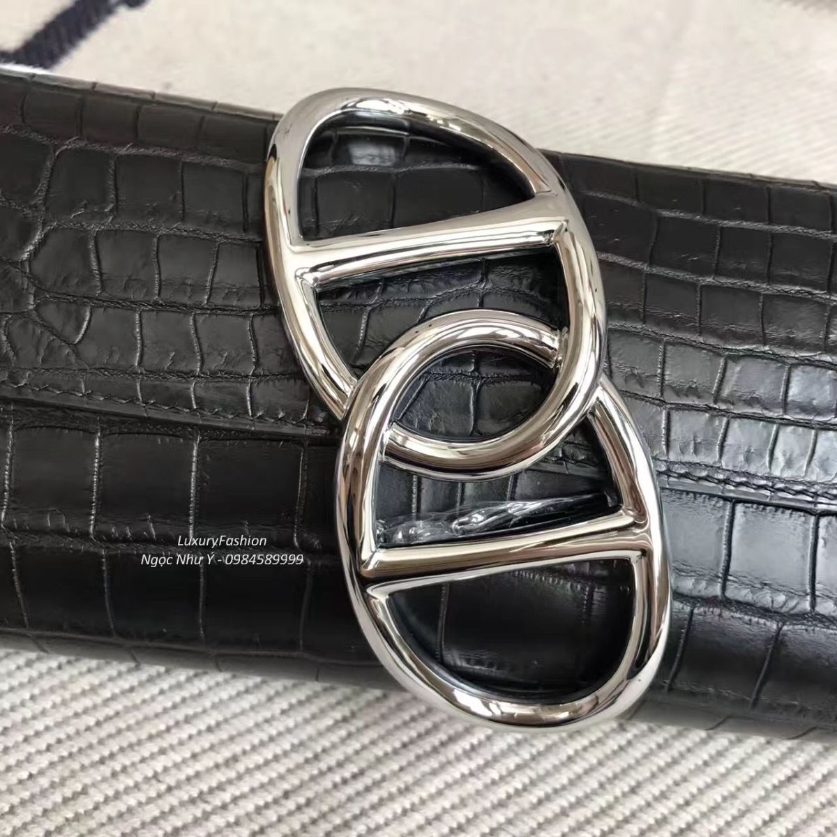 Ví Hermes Egee da cá sấu màu Black Silver Key